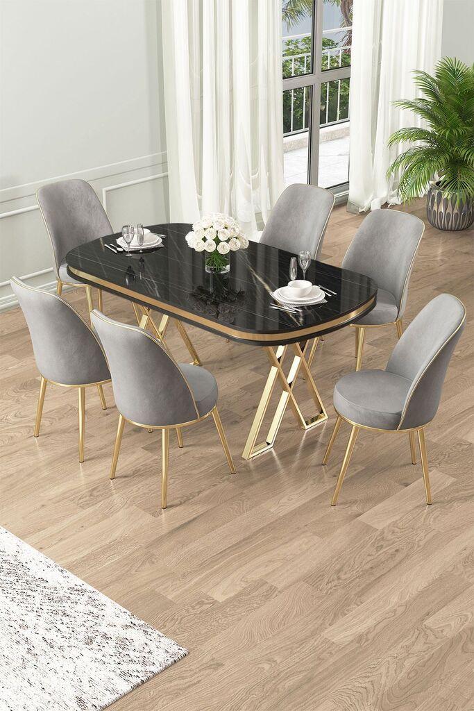 Hanah Home Set Trpezarijski sto i 6 stolica Lai, Sivo-crni
