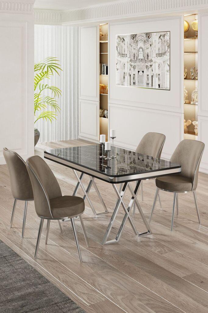 Hanah Home Set Trpezarijski sto i 4 stolice, Bež-crni