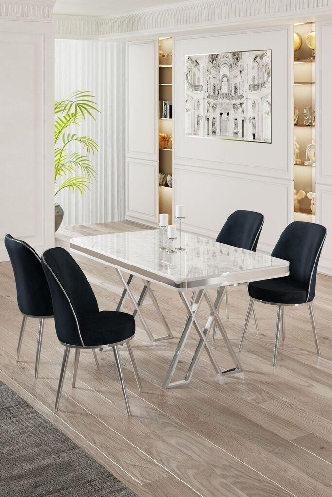 Hanah Home Set Trpezarijski sto i 4 stolice, Teget-beli