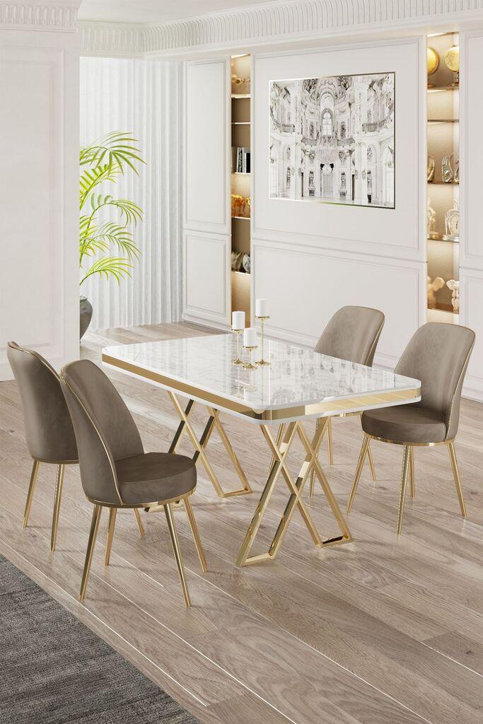 Hanah Home Set Trpezarijski sto i 4 stolice, Bež-beli