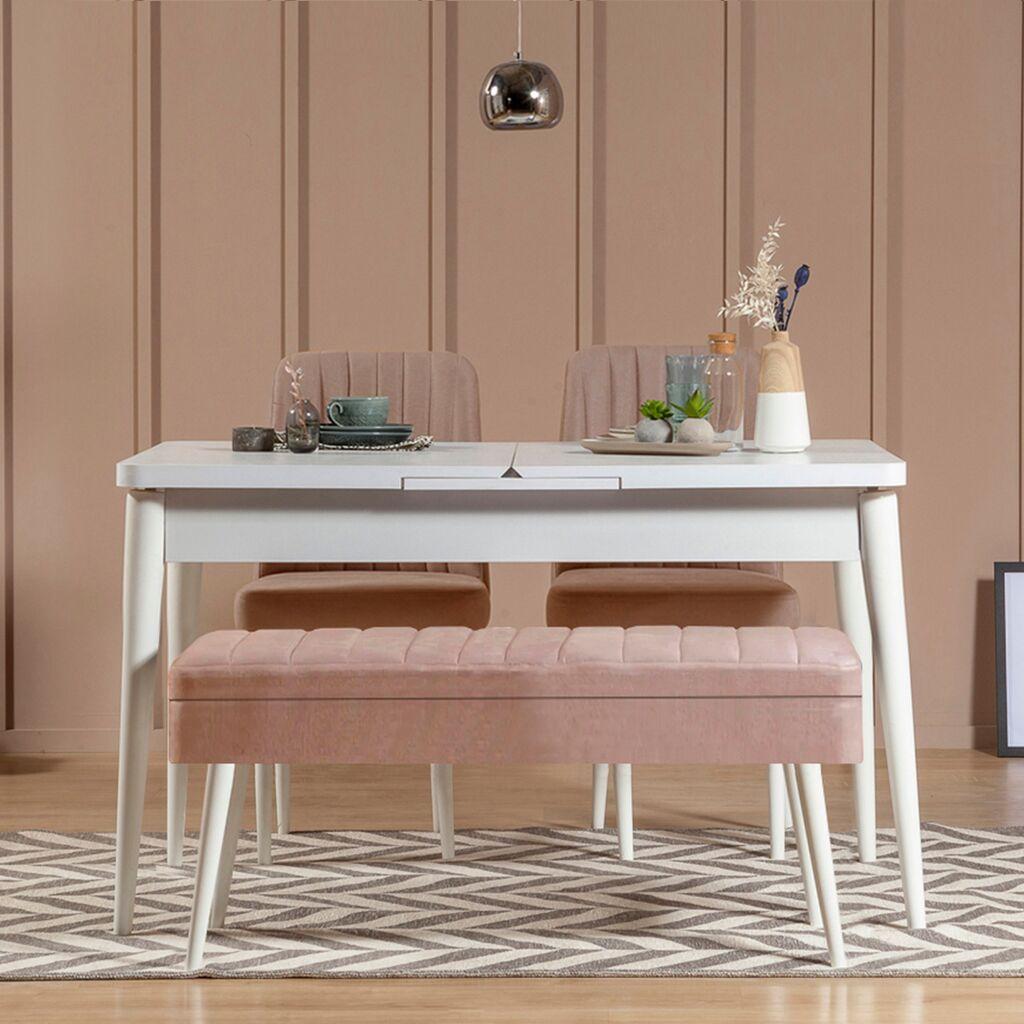 Hanah Home Set Trpezarijski sto, 2 trpezarijske stolice i klupa Vina 0900 3, Prljavo roze