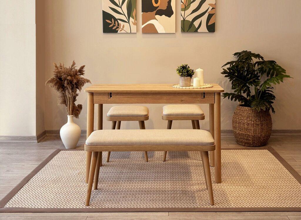 Hanah Home Set Trpezarijski sto, 2 trpezarijske stolice i klupa Vina Mini 04 1005, Krem