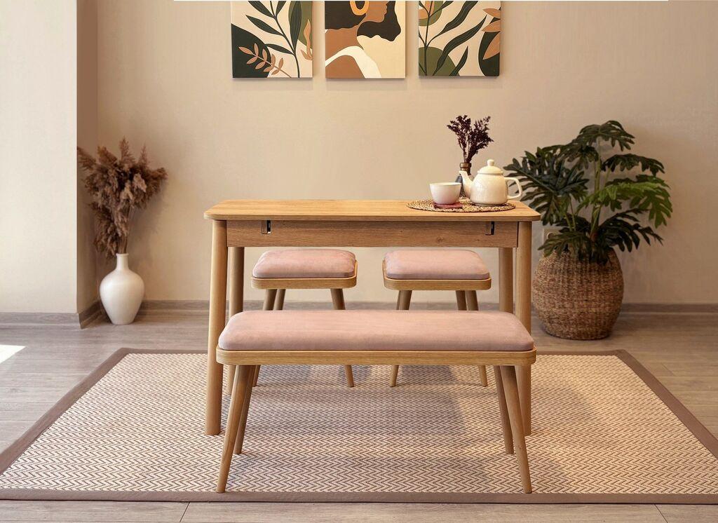 Hanah Home Set Trpezarijski sto, 2 trpezarijske stolice i klupa Vina Mini 04 0900, Ružičasti