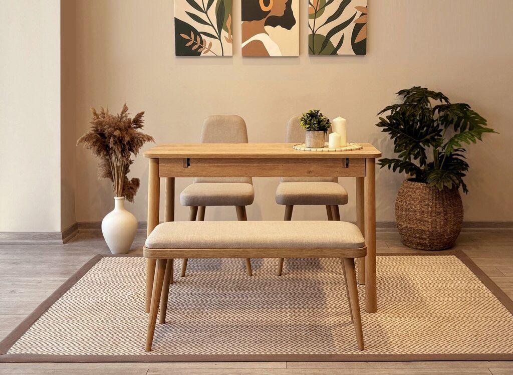 Hanah Home Set Trpezarijski sto, 2 trpezarijske stolice i klupa Vina Mini 01 1005, Krem