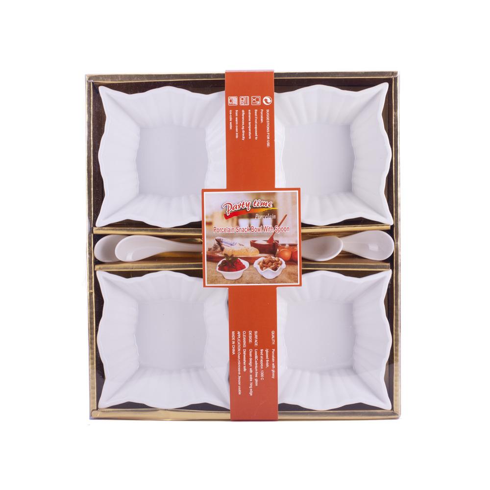 DIKER HOME Set porcelanskih činija sa kašikicama, 11x11cm, 4 komada, Beli
