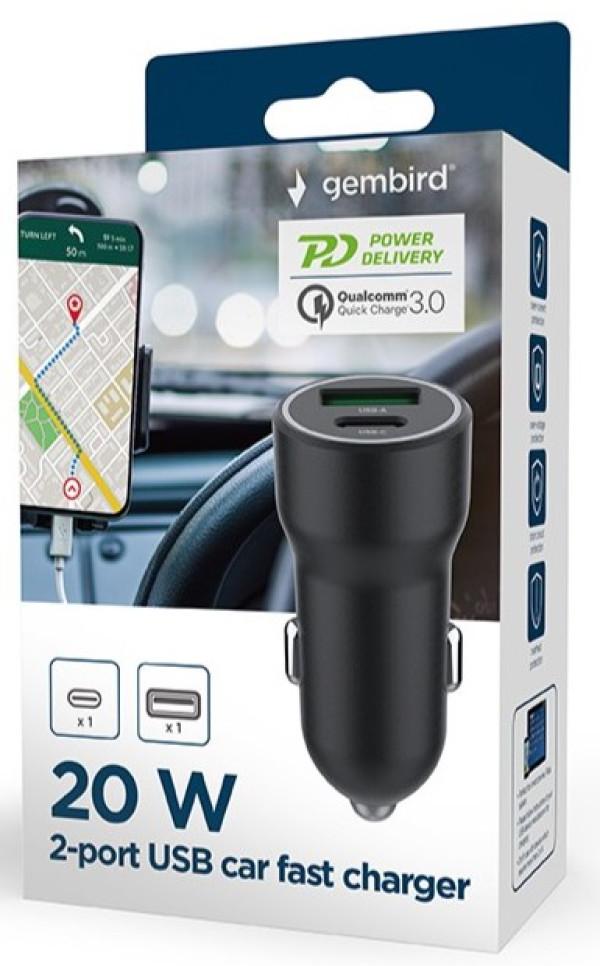 Gembird USB Auto punjač TA-UC-A2PDQC20-CAR-01