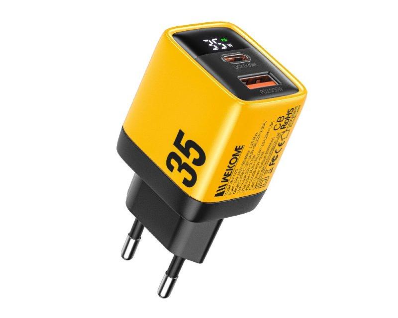 Wekome Brzi punjač WP-U25, Sa displejom, 2 porta USB 3.0 i 3.1 Tip C, 35W, Žuti