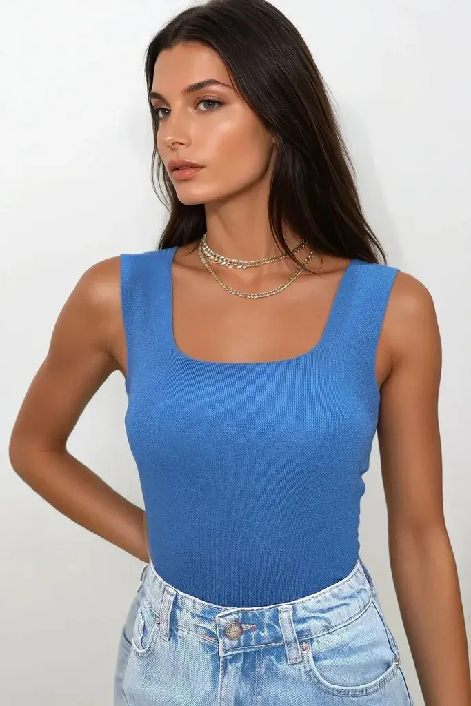 Trend Alacati Stili Ženska bluza bez rukava ALC-7122, Brod izrez, Plava