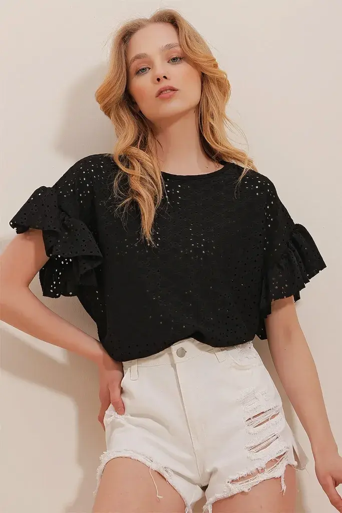 Trend Alacati Stili Ženska bluza kratkih rukava ALC-X10013, Okrugli izrez, Crna
