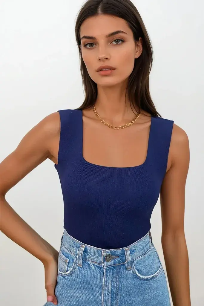 Trend Alacati Stili Ženska bluza bez rukava ALC-7122, Brod izrez, Teget