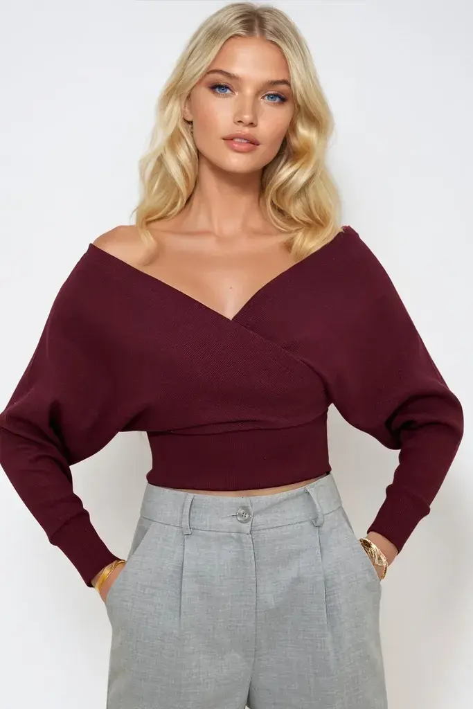 Trend Alacati Stili Ženska bluza dugih rukava ALC-019-053-BLZ, V-izrez, Bordo
