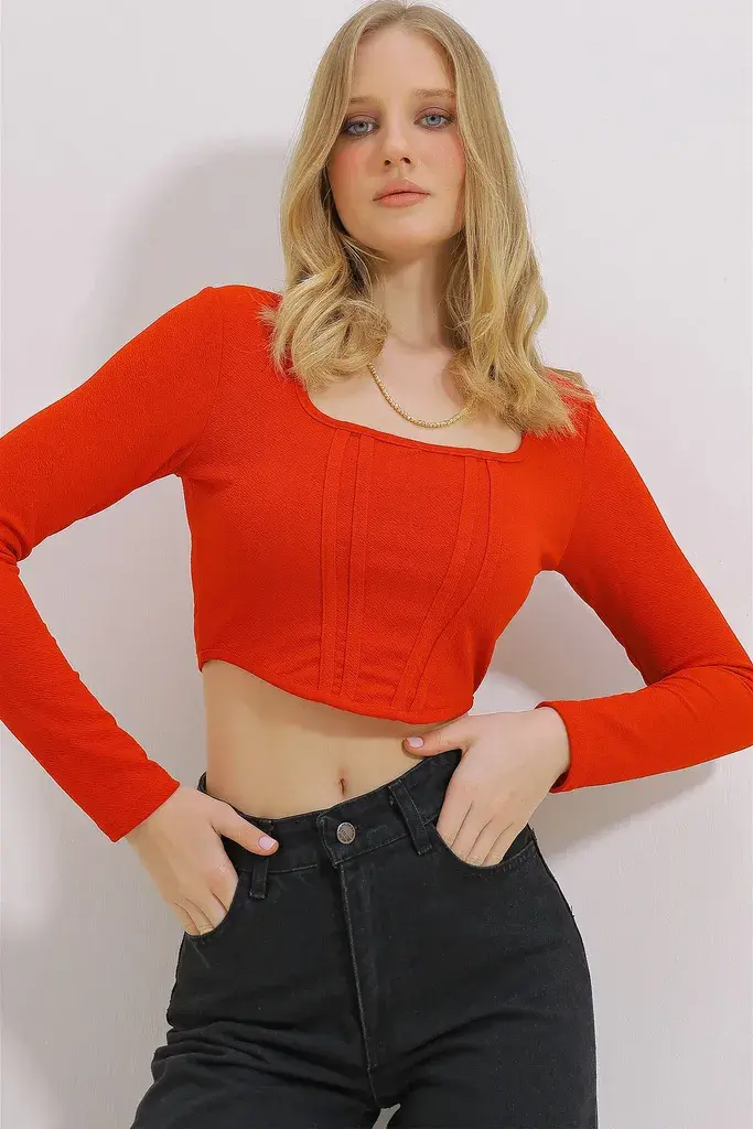 Trend Alacati Stili Ženska bluza dugih rukava ALC-X11437, Brod izrez, Crvena