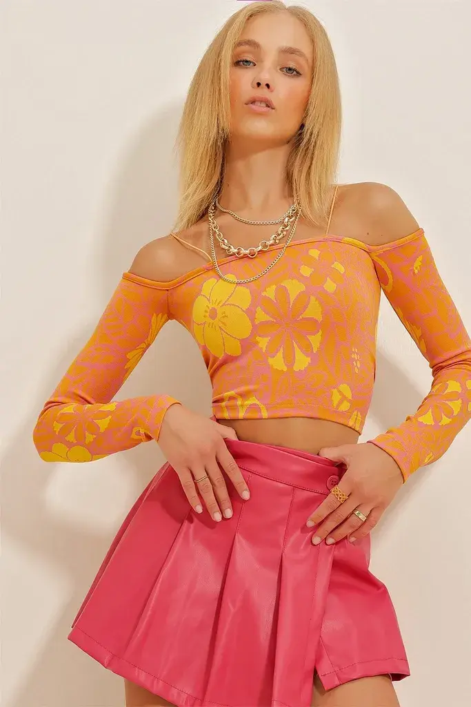 Trend Alacati Stili Ženska bluza dugih rukava ALC-X10817, Brod izrez, Narandžasto-fuksija
