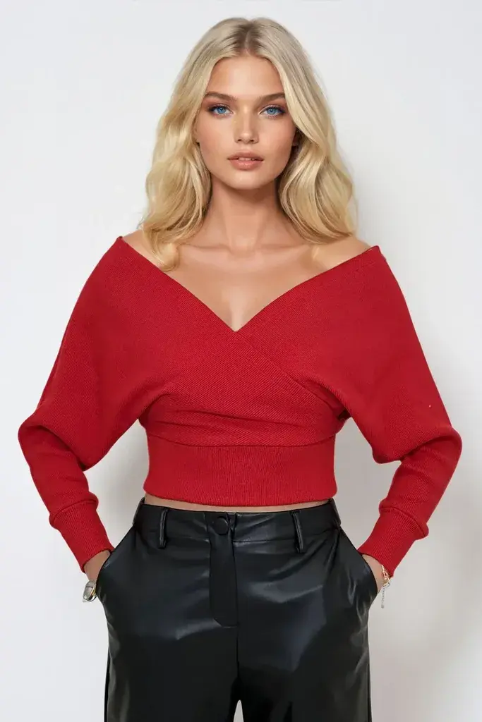 Trend Alacati Stili Ženska bluza dugih rukava ALC-019-053-BLZ, V-izrez, Crvena