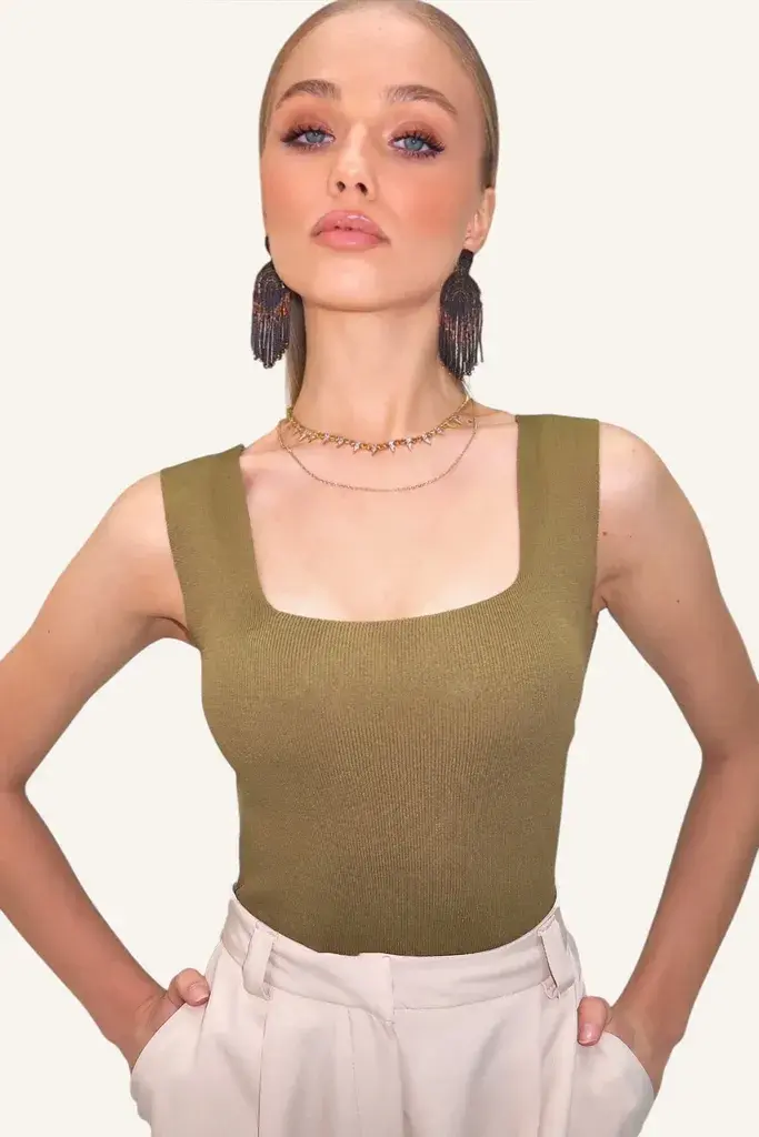 Trend Alacati Stili Ženska bluza bez rukava ALC-7122, Brod izrez, Maslinasta