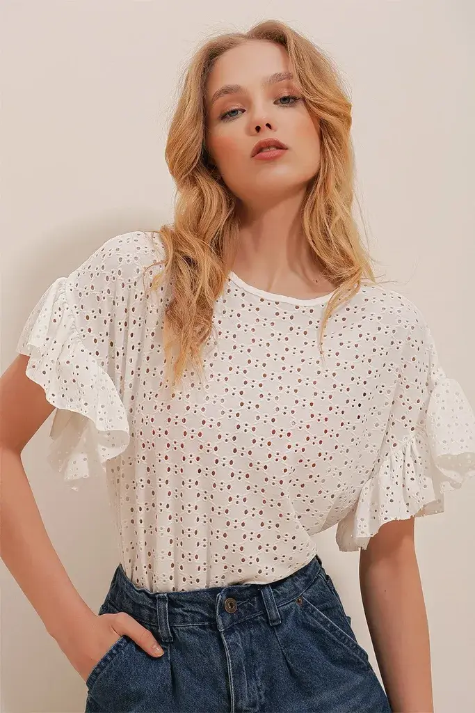 Trend Alacati Stili Ženska bluza kratkih rukava ALC-X10013, Okrugli izrez, Bela