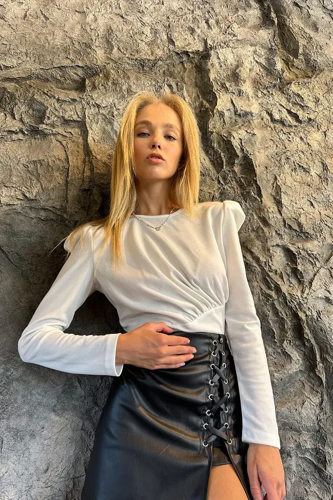 Trend Alacati Stili Ženska bluza dugih rukava ALC-X10906, Okrugli izrez, Bela