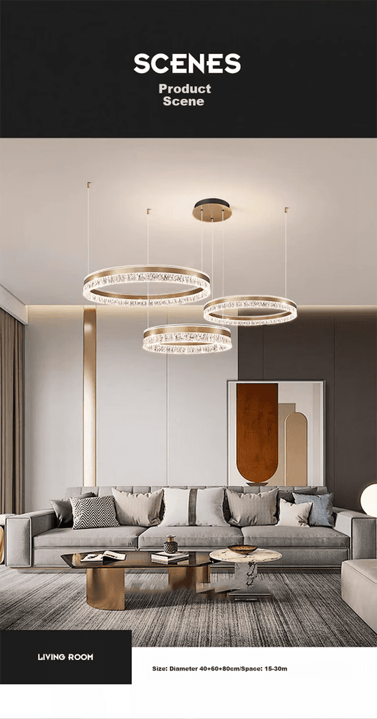 JIAOJIAOZHE Viseći luster LED, 3 kruga, Zlatne boje