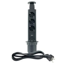 MITEA ELECTRIC Nameštajska priključnica ME-PN-1204-UBS/C-3 PopUp, Trostruka + USB Tip-A+Tip-C, 1.8m, Crna