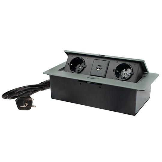 MITEA ELECTRIC Nameštajska priključnica ME-PN-1212-USB/GR-2, PopUp, Dve utičnice + USB Tip-A+Tip-C, 1.5m, Grafitna