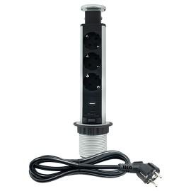 MITEA ELECTRIC Nameštajska priključnica ME-PN-1203-UBS/S-3, PopUp, Trostruka + USB Tip-A+Tip-C, 1.8m, Srebrno - Crna