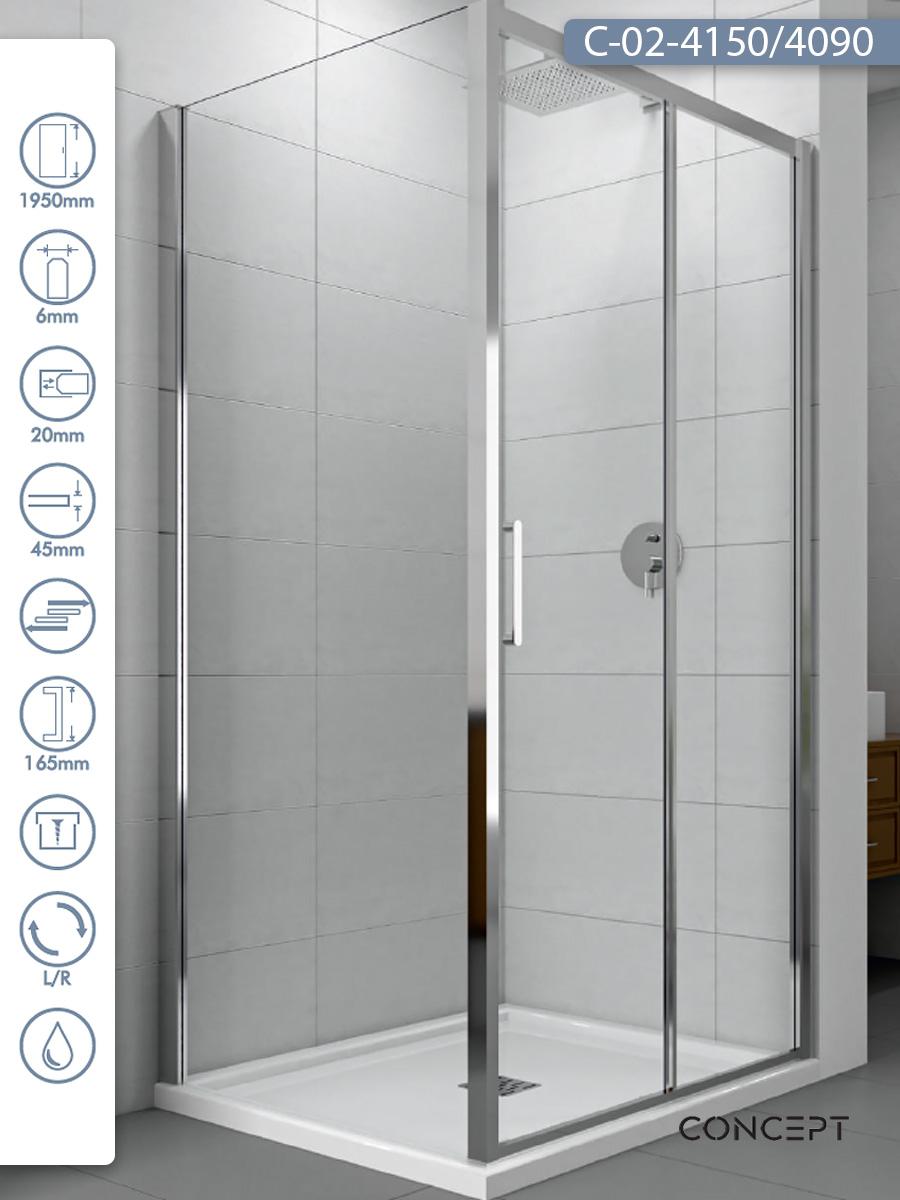 CONCEPT Tuš kabina Atlas, Providno staklo 6mm, Srebrni ram, 150x90x195cm
