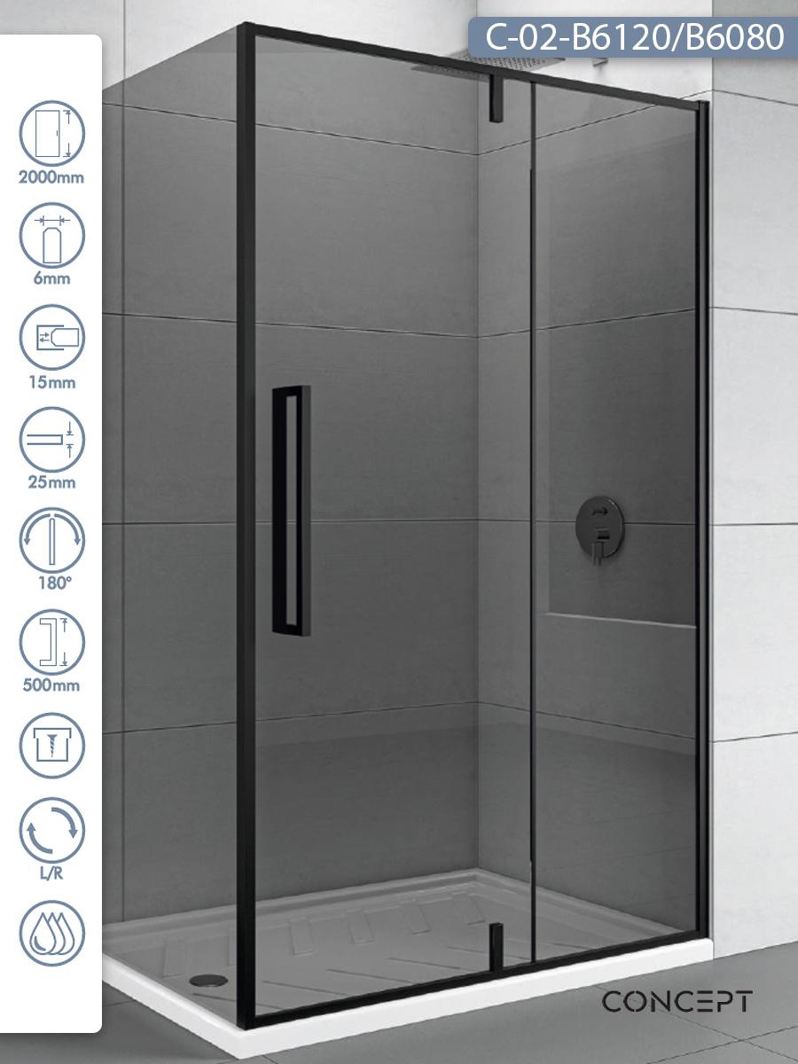 CONCEPT Tuš kabina Absolut, Crno zatamnjeno staklo 6mm, Crni ram, 120 x 80 x 200cm
