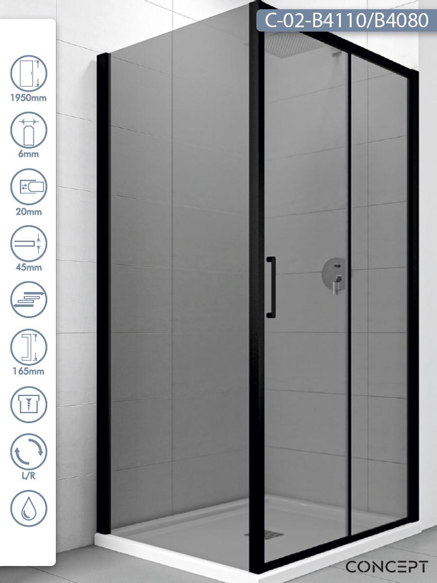 CONCEPT Tuš kabina Atlas, Crno tonirano staklo, Crni ram, 110x80x195cm