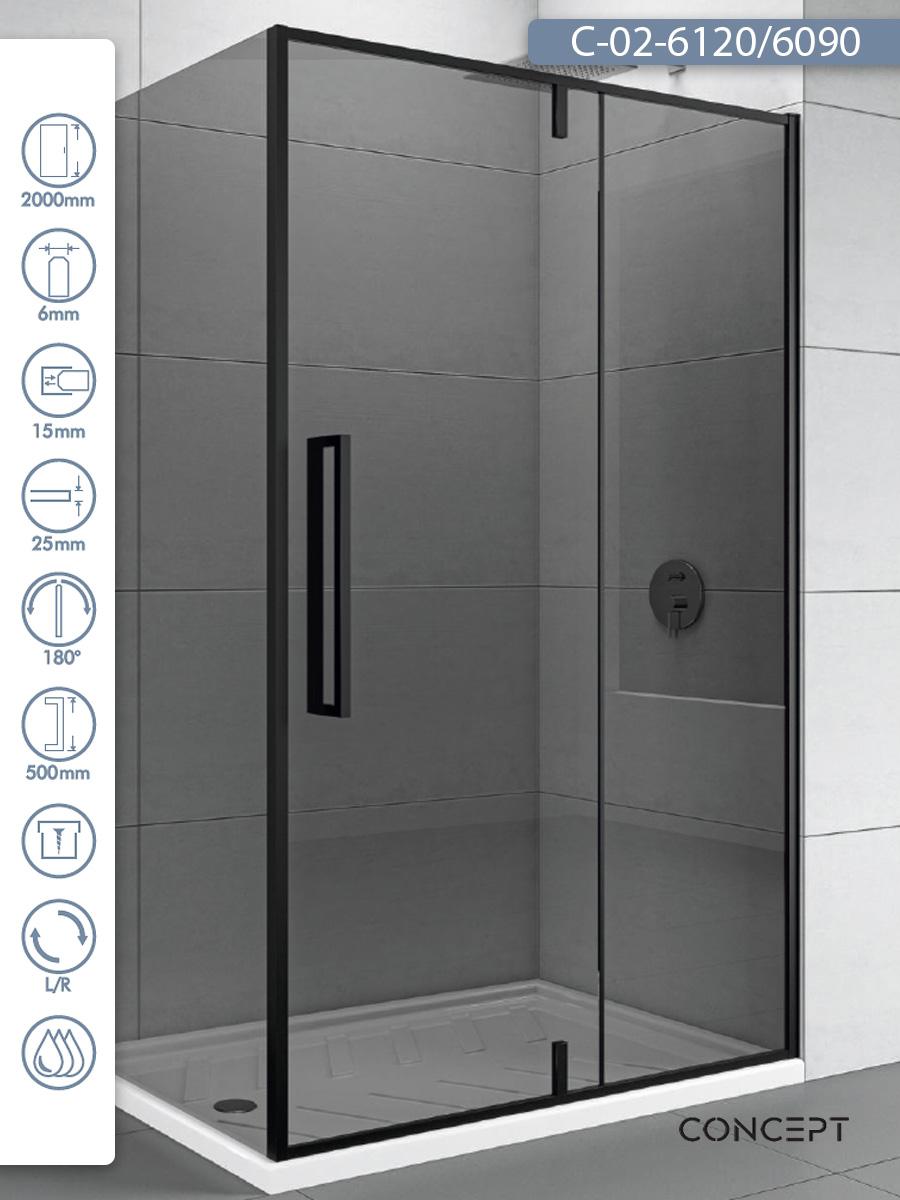 CONCEPT Tuš kabina Absolut, Crno zatamnjeno staklo 6mm, Crni ram, 120x90x200cm