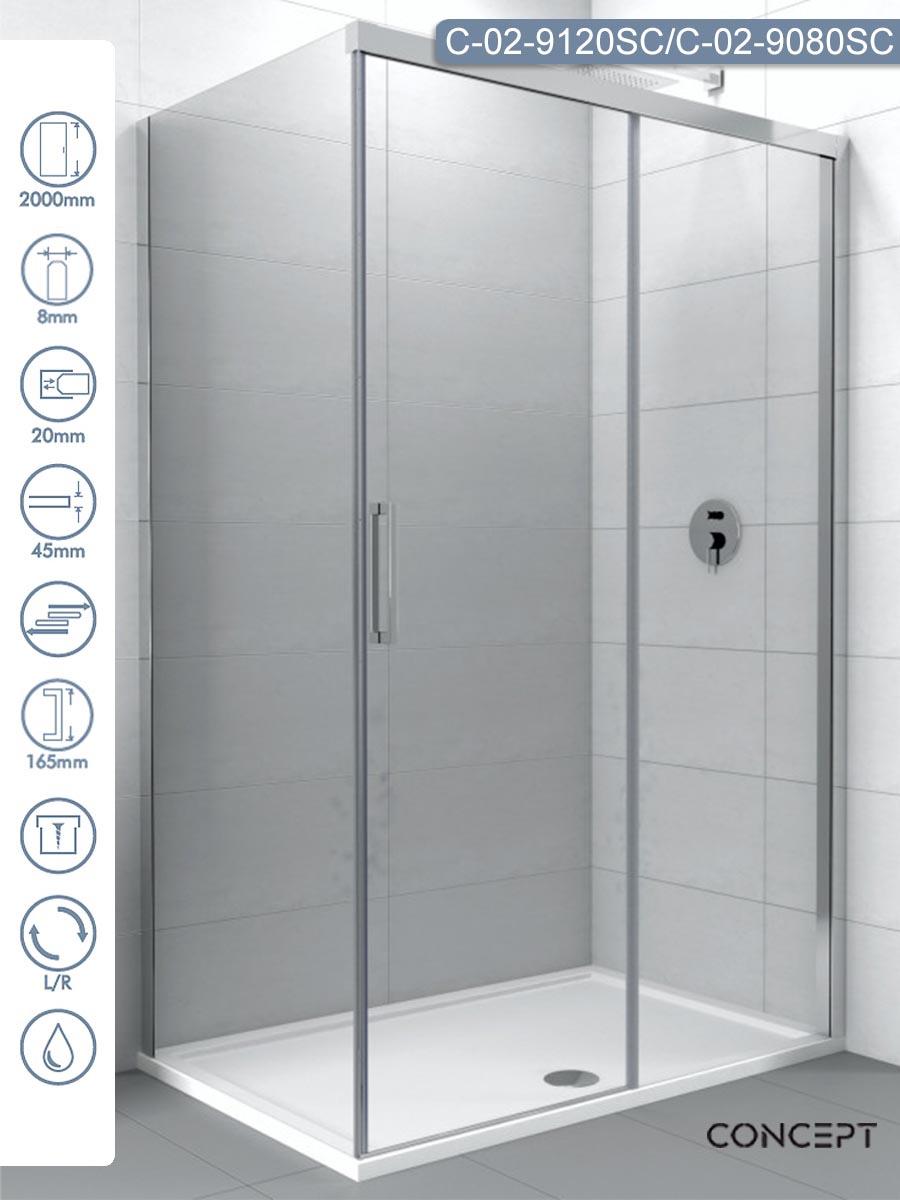 CONCEPT Tuš kabina Alpha C-02-9120SC/9080SC, Providno staklo 8 mm, Srebrni ram, 120x80x200cm