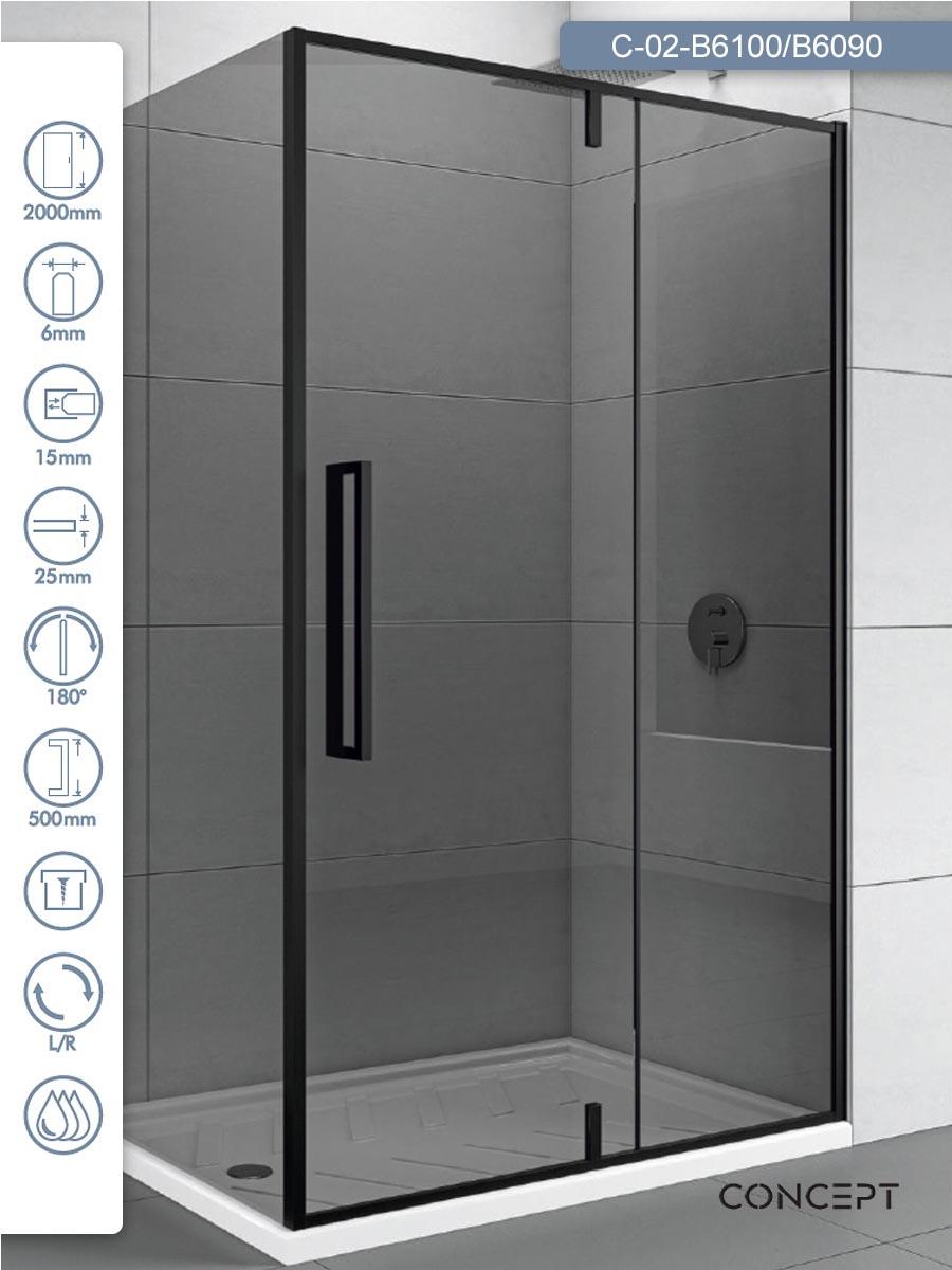 CONCEPT Tuš kabina Absolut, Crno zatamnjeno staklo 6mm, Crni ram, 100x90x200cm