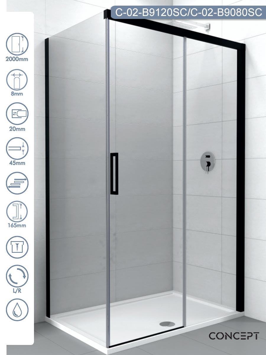 CONCEPT Tuš kabina Alpha, Crno prozirno staklo 8mm, Crni ram, 120x80x200cm