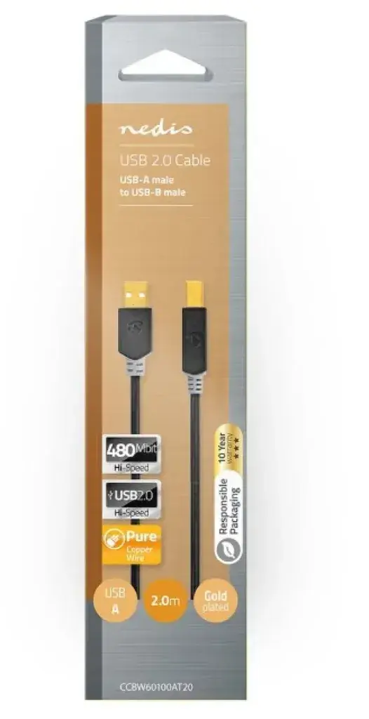 Nedis USB kabl 2.0 USB-A (M) na USB-B (M) za štampač CCBW60100AT20 , 2m, Pozlaćeni