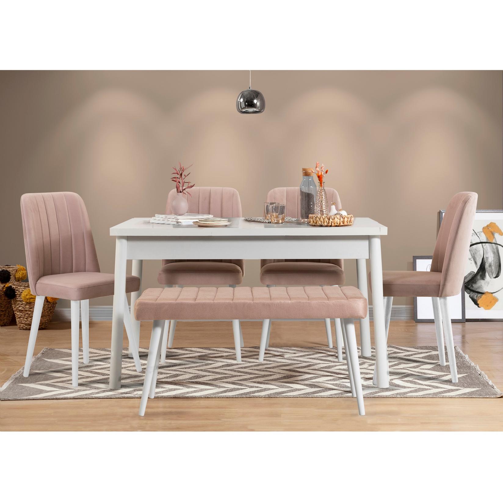 Hanah home Set trpezarijski sto, 4 trpezarijske stolice i klupa Costa 0900 Belo-Bež