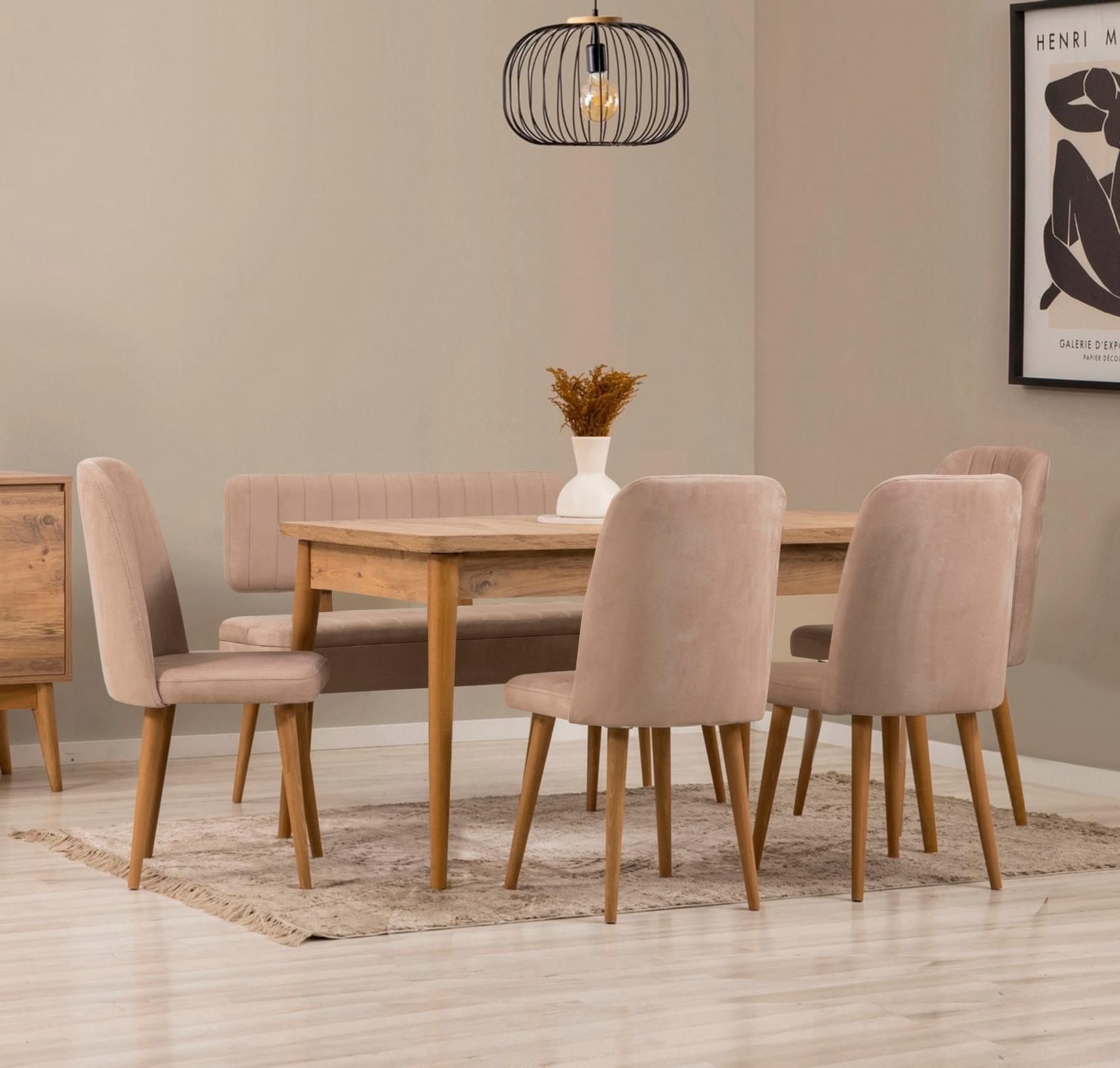 Hanah Home Set trpezarijski sto, 4 trpezarijske stolice i klupa Vina Bež