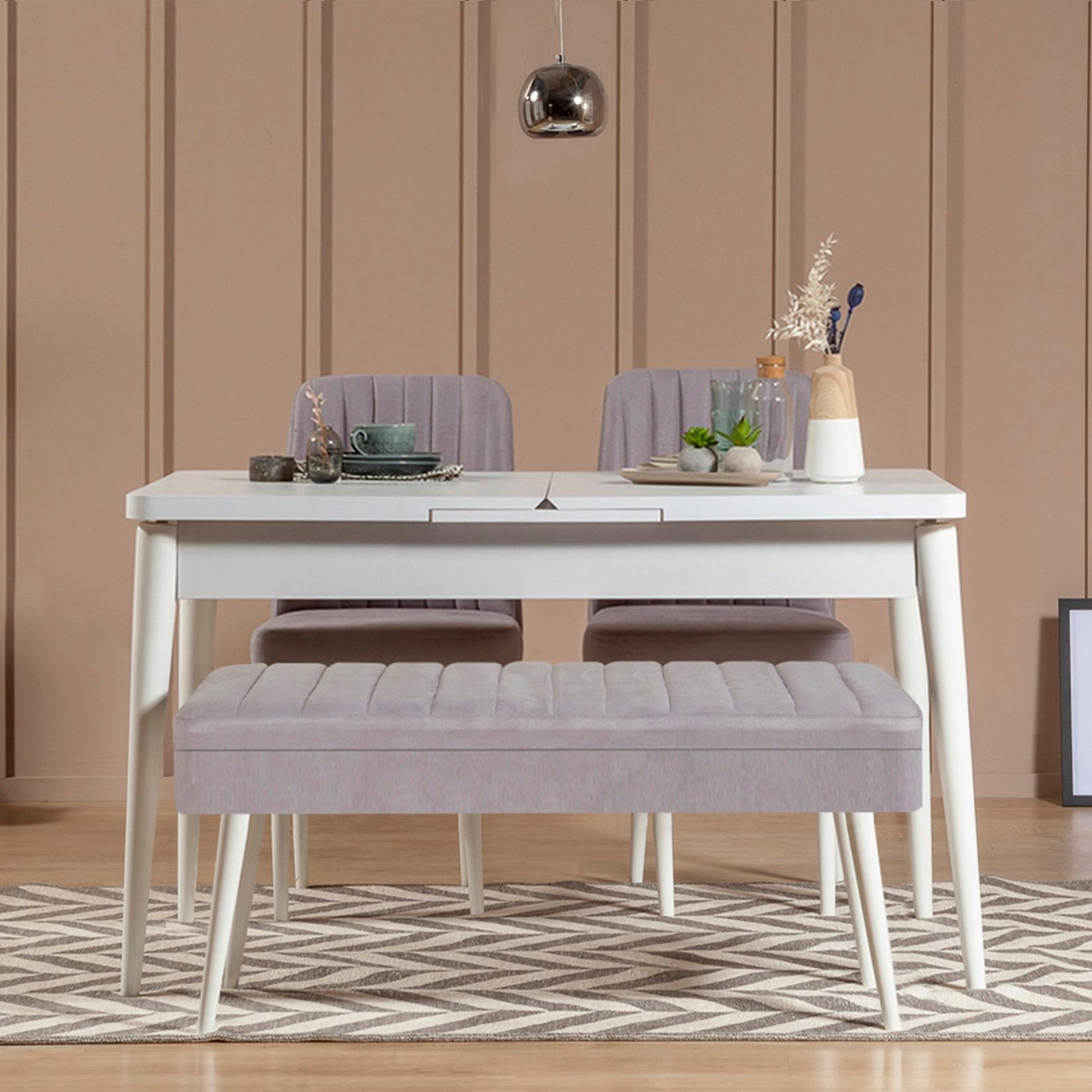 Hanah Home Set trpezarijski sto, 2 trpezarijske stolice i klupa Vina 0701 Belo-Sivi