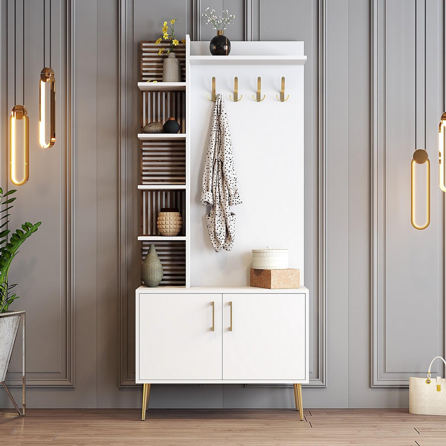 Hanah Home Cipelarnik 90x35x202cm Belo-Zlatni