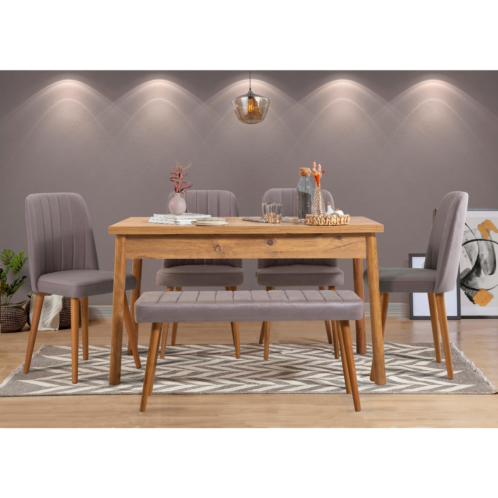 Hanah home Set trpezarijski sto, 4 trpezarijske stolice i klupa Costa Atlantic Bež-Sivi