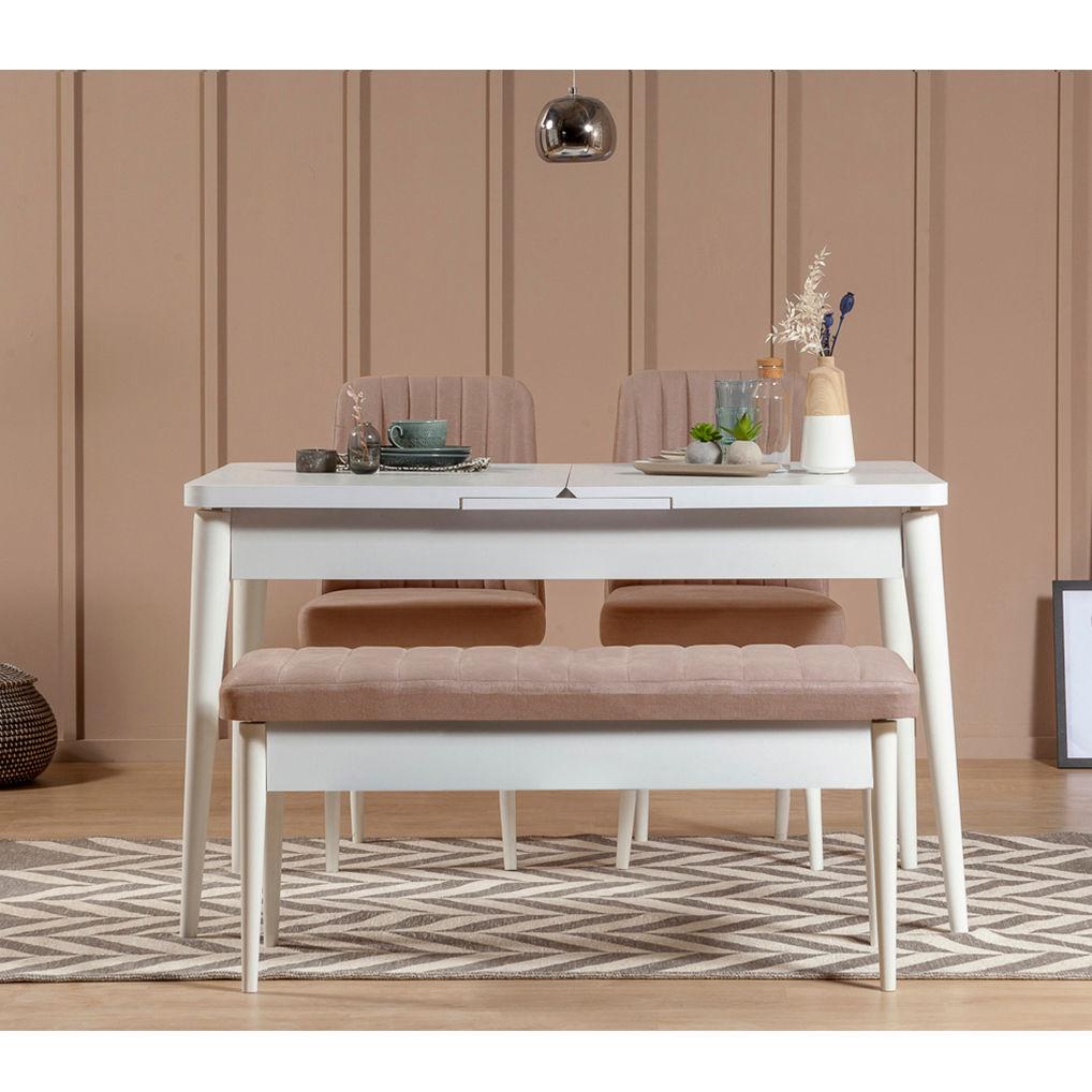 Hanah Home Set trpezarijski sto, 2 trpezarijske stolice i klupa Vina 0900 Belo-Bež
