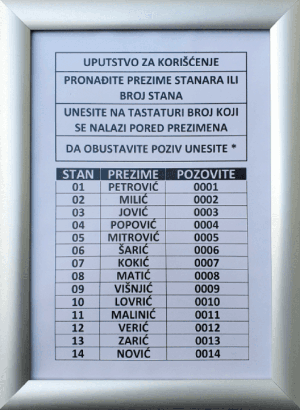 TEHTEL Ram za spisak stanara A4