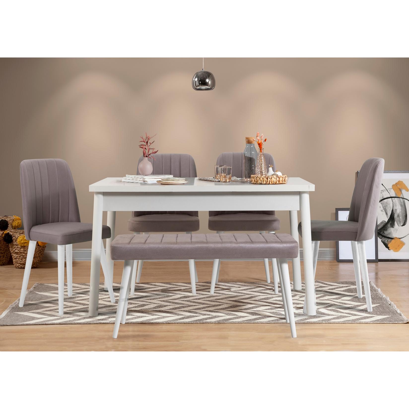 Hanah home Set trpezarijski sto, 4 trpezarijske stolice i klupa Costa 0701 Belo-Sivi