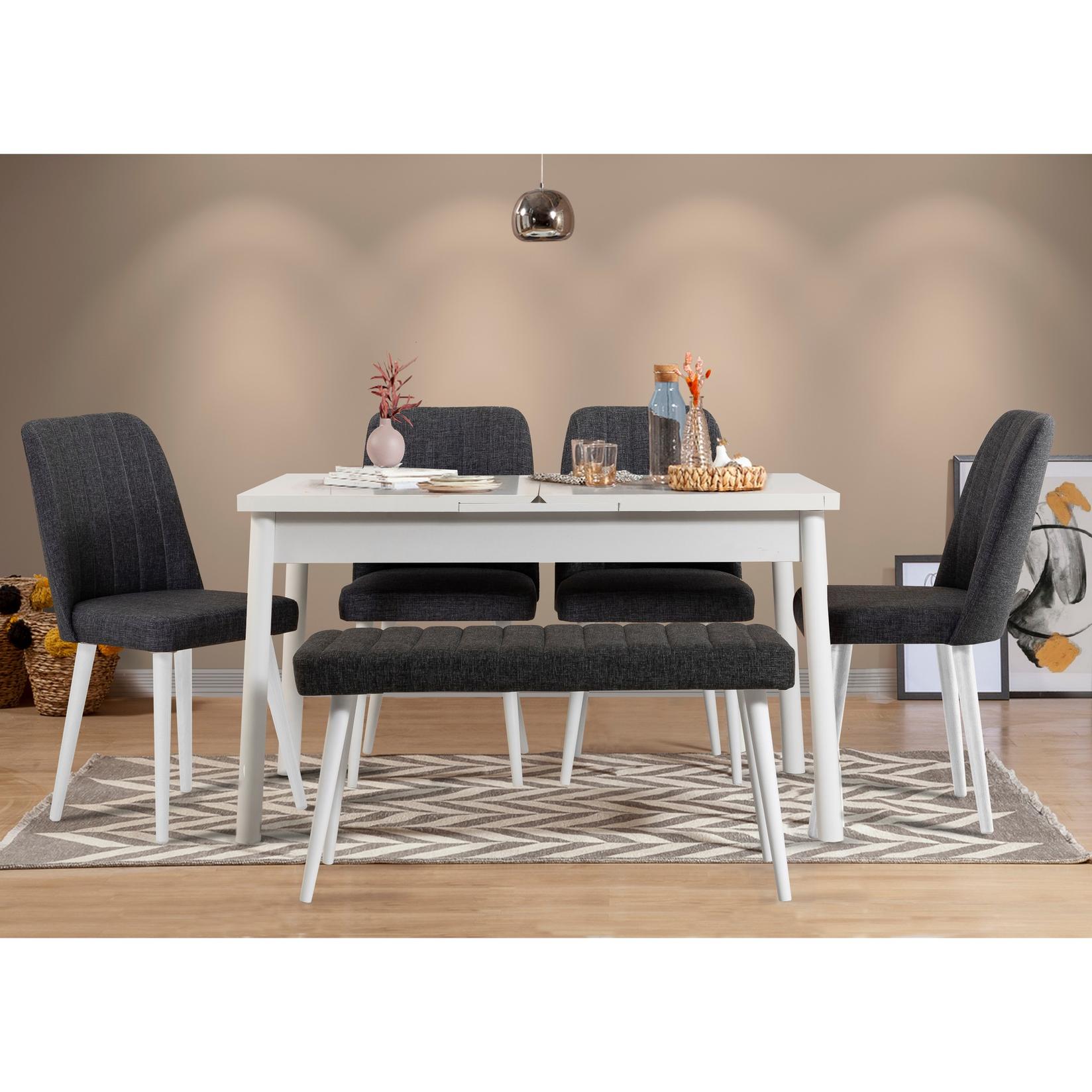 Hanah Home Set trpezarijski sto, 4 trpezarijske stolice i klupa Santiago Belo-Antracit