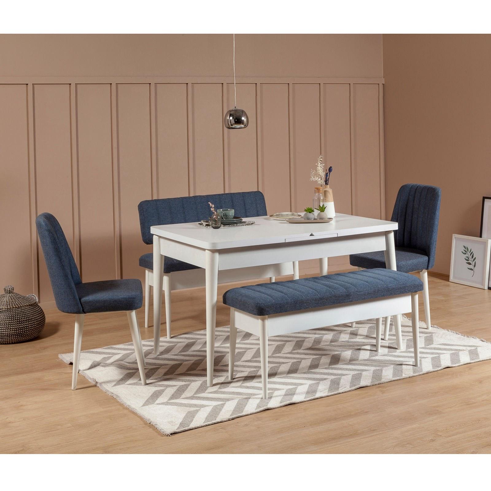 Hanah Home Set trpezarijski sto, 2 trpezarijske stolice i 2 klupe Vina Belo-Tamnoplavi