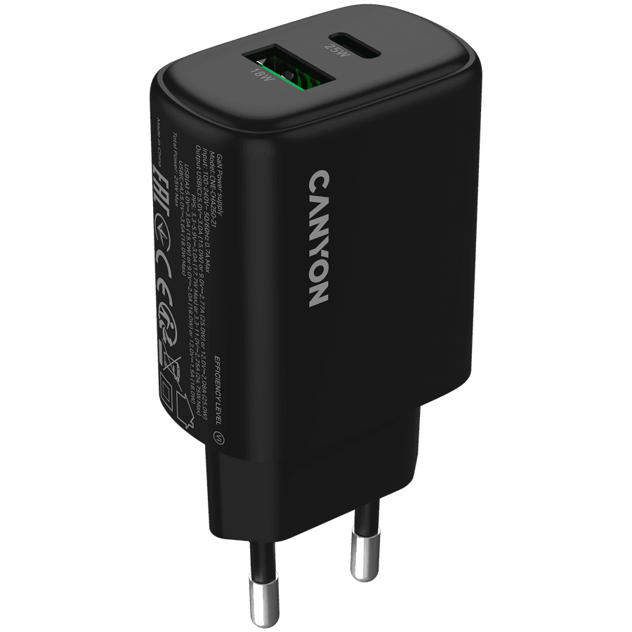 Canyon punjač OnCharge 250, 25W, 1xPD, 1xQC EU, crni