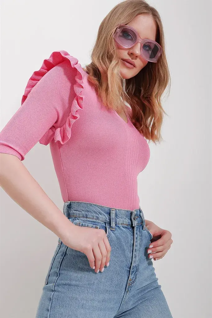 Trend Alacati Stili Ženska bluza 3/4 rukava ALC-X11557, V-izrez, Roze