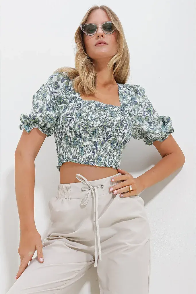 Trend Alacati Stili Ženska bluza kratkih rukava ALC-X11651, Brod izrez, Šarena