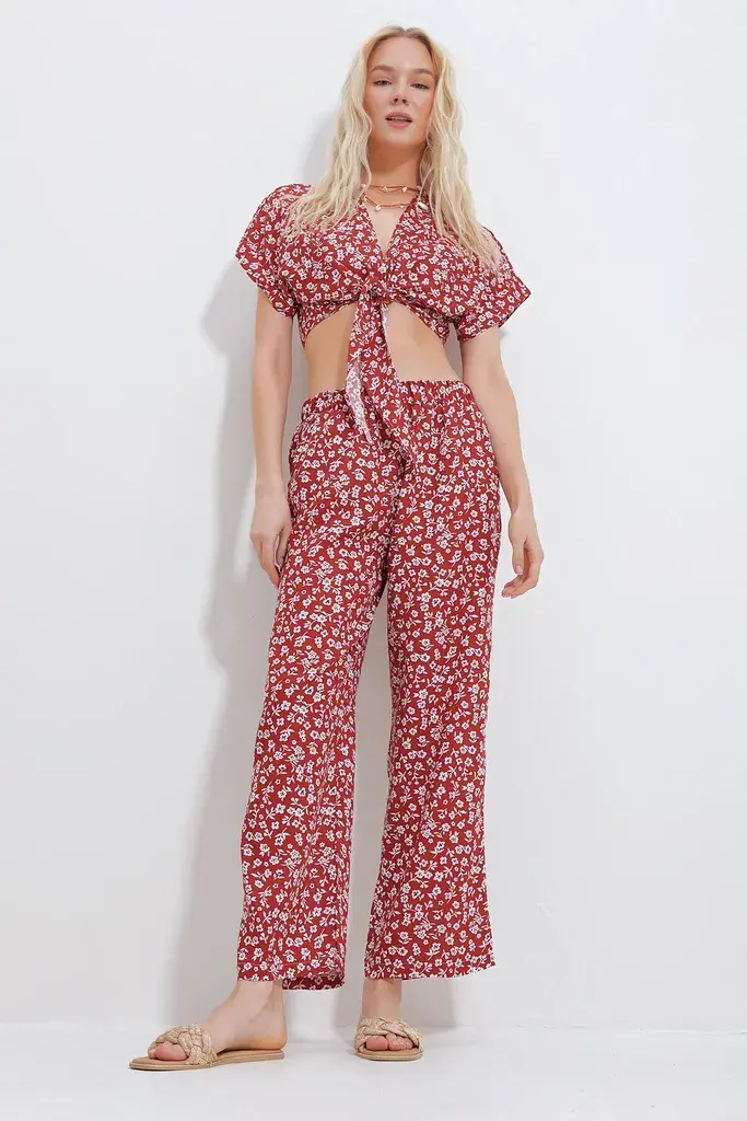 Trend Alacati Stili Ženski komplet bluza i pantalone ALC-X11745, Smeđe-beli