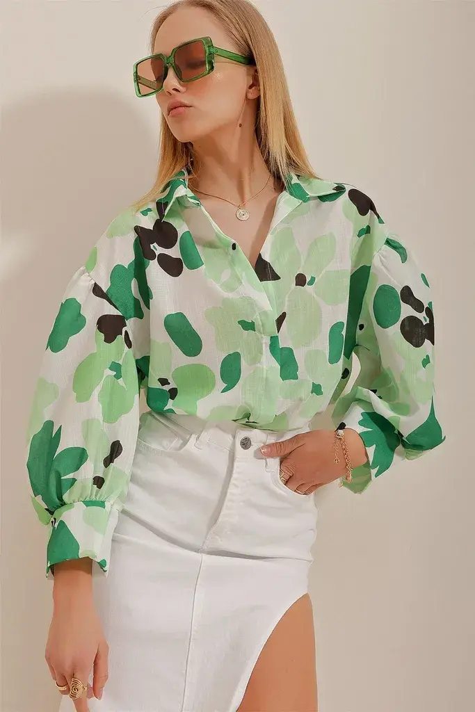 Trend Alacati Stili Ženska košulja dugih rukava ALC-X10396, Polo kragna, Zeleno-bela