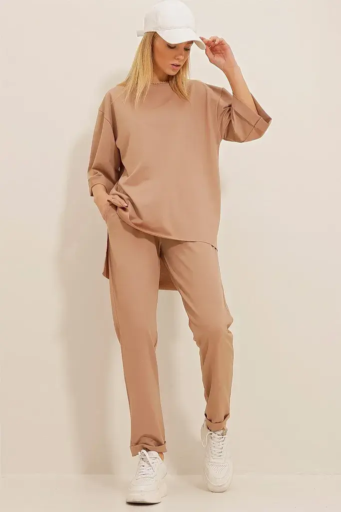 Trend Alacati Stili Ženski komplet majica i pantalone ALC-X10464, Bež
