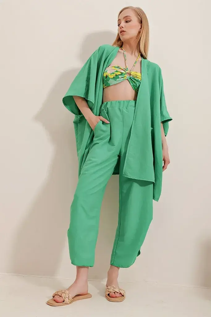 Trend Alacati Stili Ženski komplet kardigan i pantalone ALC-752-001, Zeleni